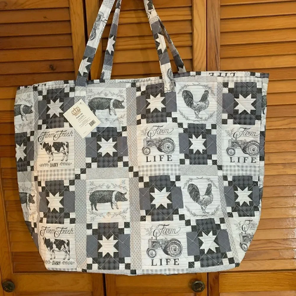 New Farmhouse Animals Patchwork Oversized Quilted Tote Bag Farm Life Cow Tractor